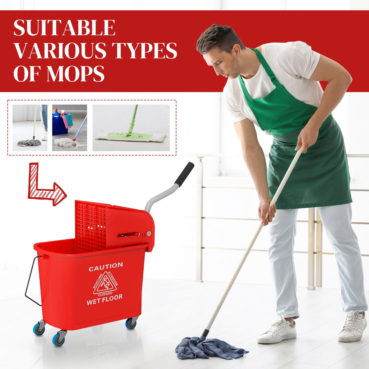 Compact Mop Bucket with Wringer, Mop Bucket on Wheels, 5 Gallon, Separate Dirty and Clean Water, Yellow