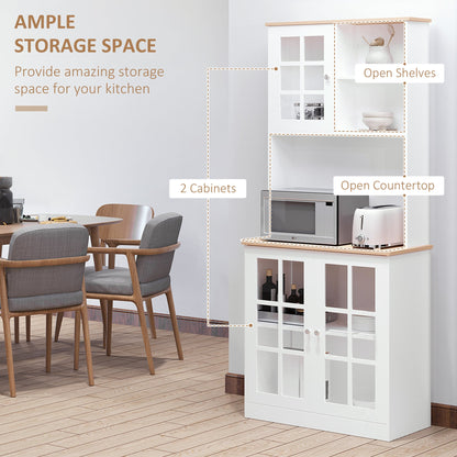 Kitchen Buffet with Hutch, Storage Pantry with 3 Cabinets, 2 Open Shelves and Large Countertop, Black