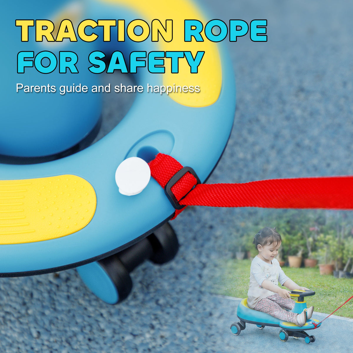 Kids Wiggle Car w/ Parent Traction Rope, Music, Light, Blue