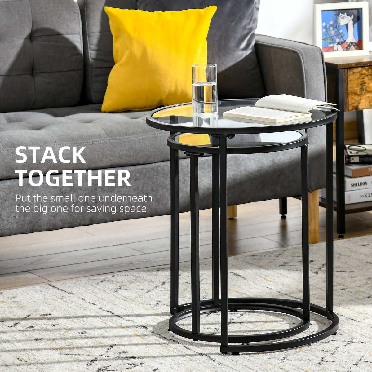 Set of 2 Nesting Coffee Tables with Metal Base, Round Side Table with Tempered Glass Tabletop for Living Room, Bedroom, Black