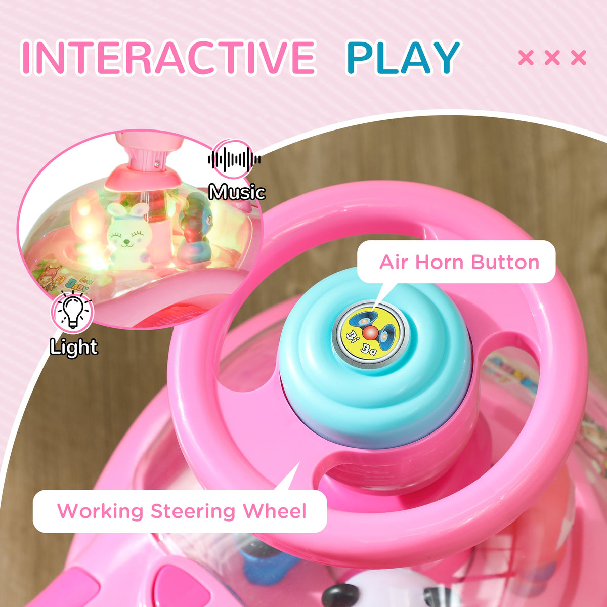 Toddlers Push Car with Horn, Light, Music, Anti-Over-Backwards Device, Steering Wheel, Under Seat Storage, Pink