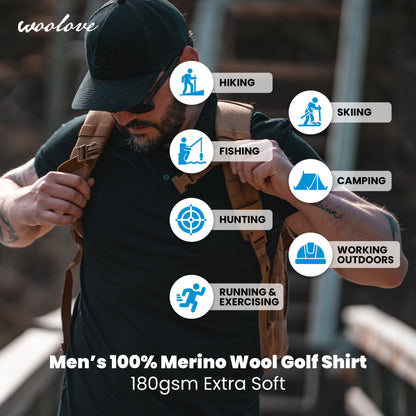 Men's 100% Merino Wool Golf Shirt (with pocket) 175 GSM - Lightweight