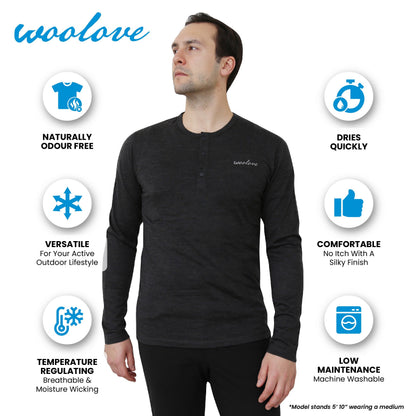 Men's 100% Merino Wool Long Sleeve Henley 190 GSM