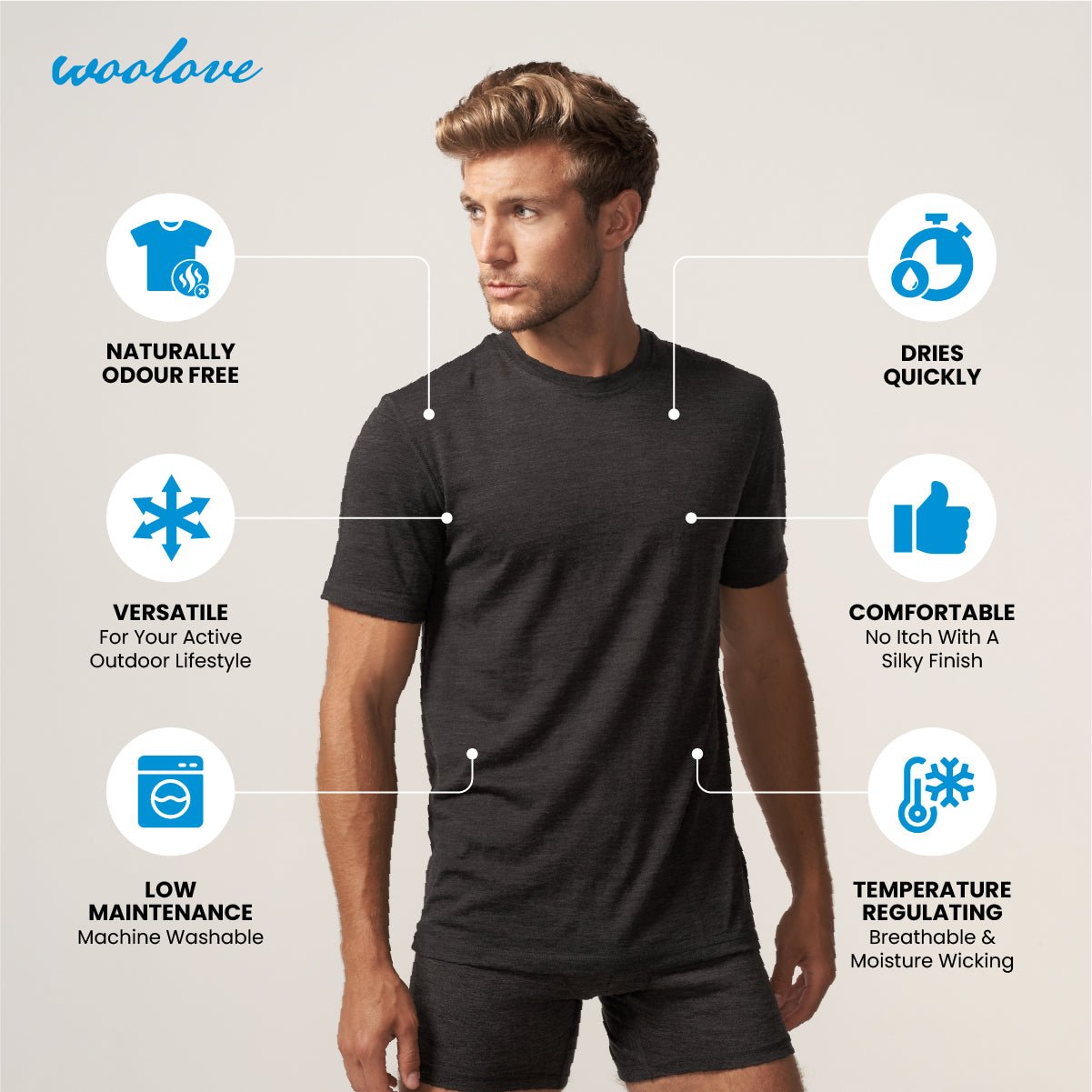 Men's 100% Merino Wool Short Sleeve T-Shirt 180 GSM - Lightweight