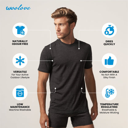 Men's 100% Merino Wool Short Sleeve T-Shirt 180 GSM - Lightweight