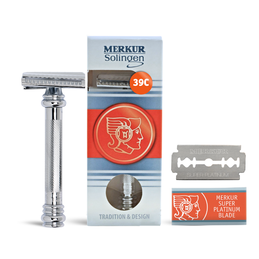 Merkur 39C 2-Piece DE Safety Razor, Slantbar Comb, Barberpole Long Heavy Handle, Chrome