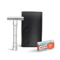 Merkur 3-Piece Travel DE Safety Razor Stright Cut Chrome with Blades In Black Leather Case