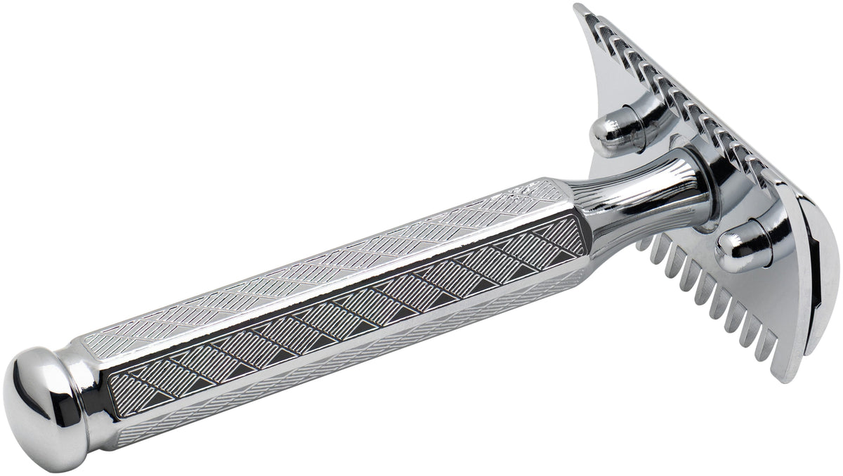 Merkur 41C 3-Piece DE Safety Razor, Open Comb, Classic 1906 Etched Handle, Chrome