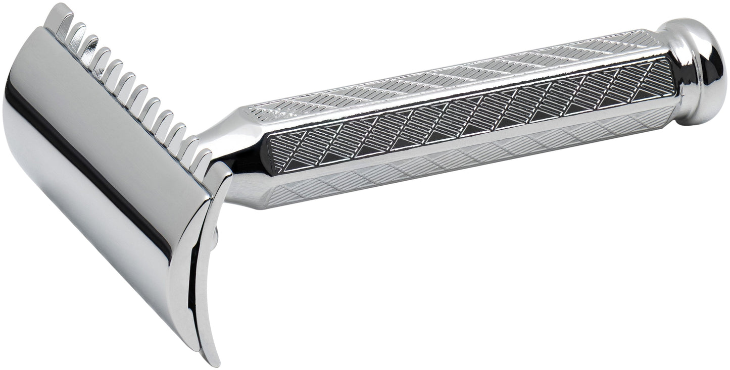Merkur 41C 3-Piece DE Safety Razor, Open Comb, Classic 1906 Etched Handle, Chrome