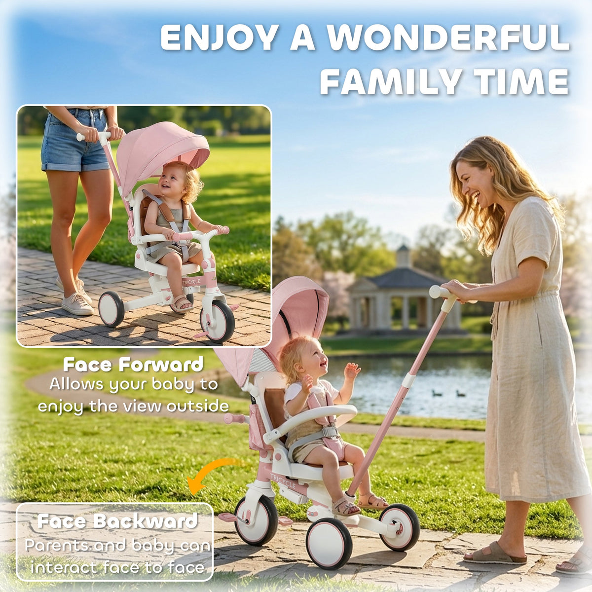 7 in 1 Toddler Tricycle with Safety Harness, Adjustable & Removable Parent Handle, Canopy, Storage Bag, Brake, Pink
