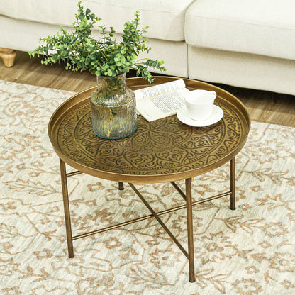 Vintage Coffee Table for Living Room, 24" Round Center Table with Hammered Tray Top and Metal Frame, Gold