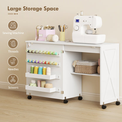 Sewing Machine Table on Wheels, Folding Craft Table with 2 Bins, Storage Shelf, 18 Pegs, Lockable Wheels, Brown