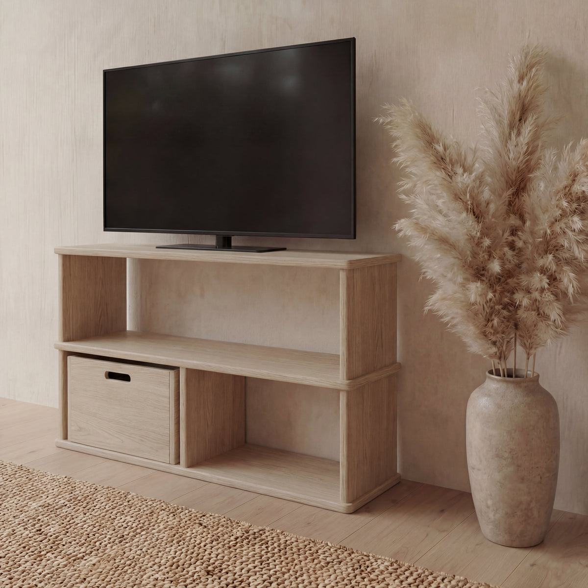 40 inch bookshelf TV stand in white oak