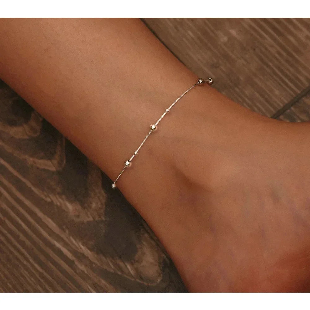 Minimalist Round Beads Anklet - Sterling Silver Chain Bracelet For Leg - Female Foot Jewelry For Women - Leg Chain Sct005