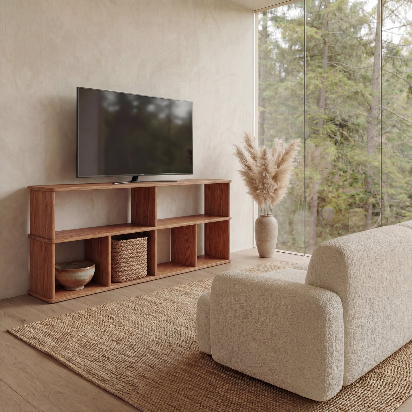 65 inch bookshelf TV stand in red oak