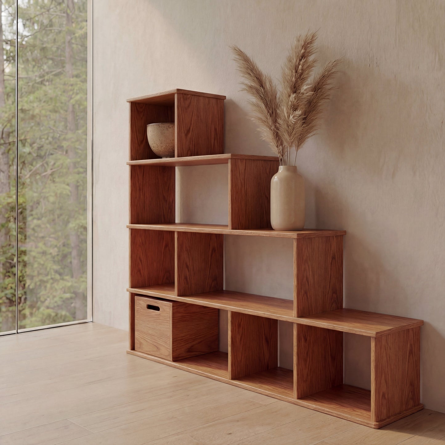 Step bookshelf in red oak