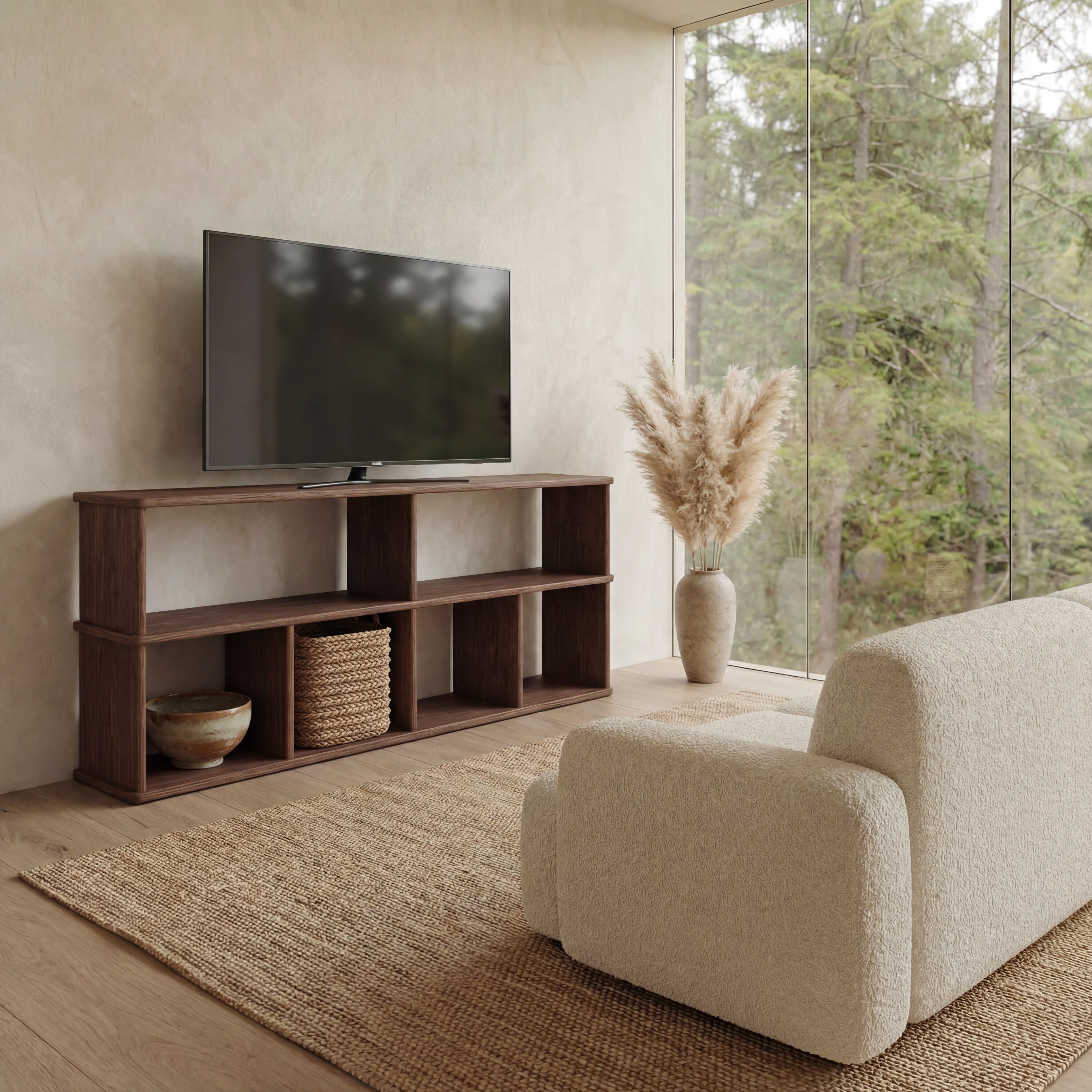65 inch bookshelf TV stand in walnut