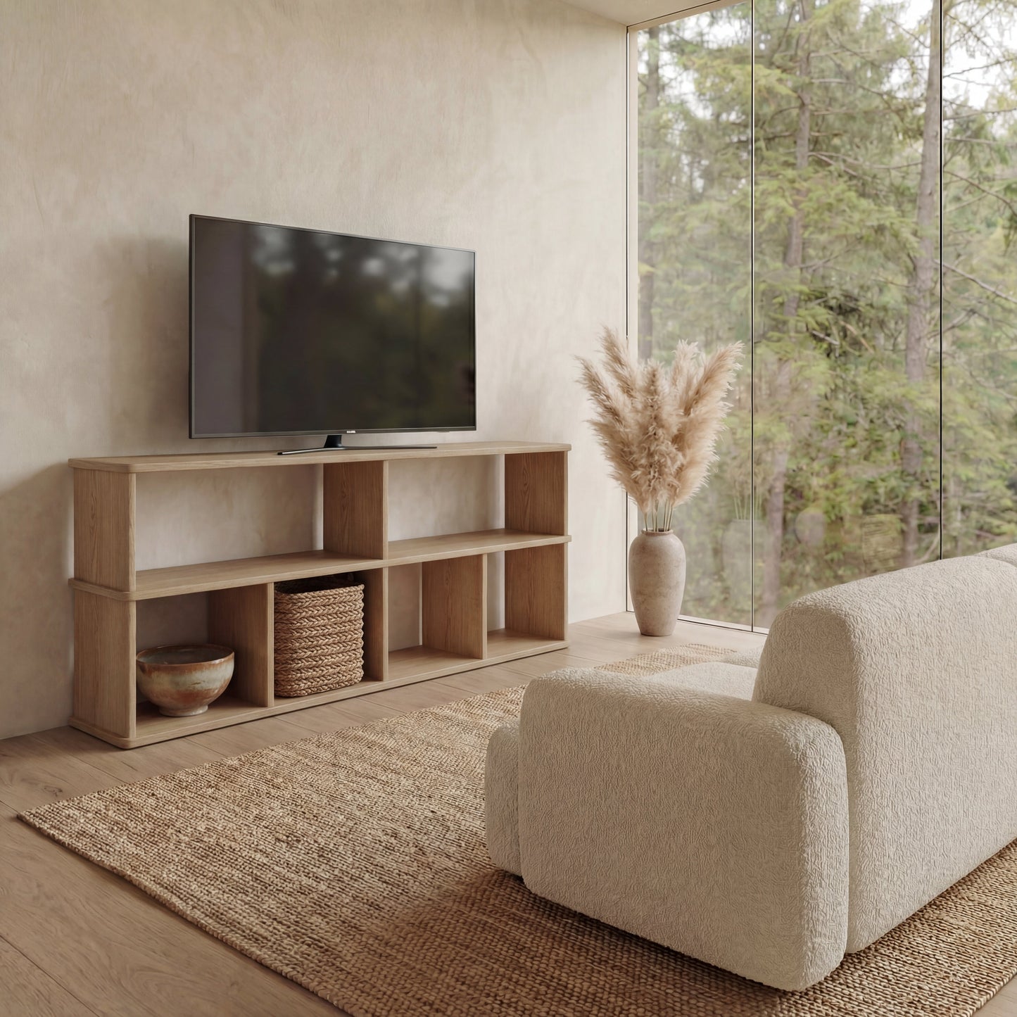 65 inch bookshelf TV stand in white oak