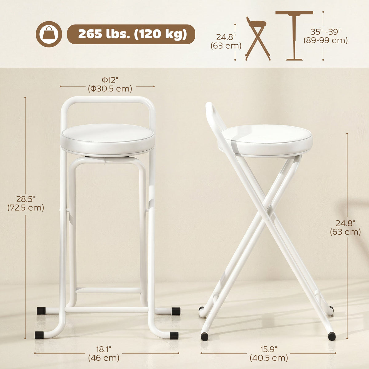 Foldable Bar Stools Set of 2, Folding Kitchen Chairs with PU Cushioned Seat, Footrest, Black