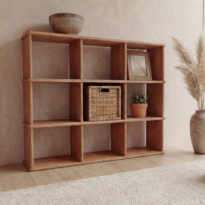 Nine cube bookshelf in red oak