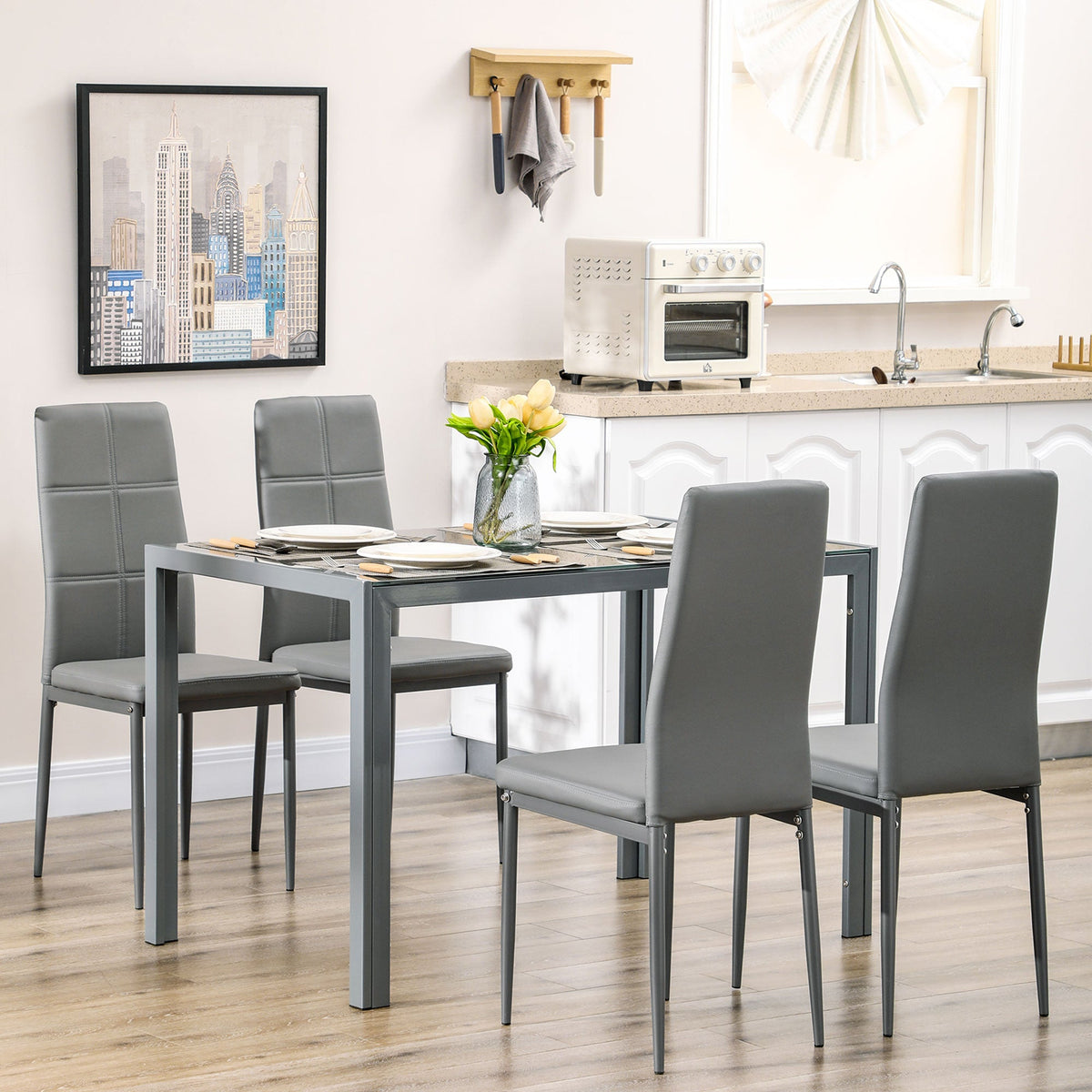 5-Piece Rectangular Glass Kitchen Table and Chairs with Metal Frame and Faux Leather Upholstery for Dining Room, Black