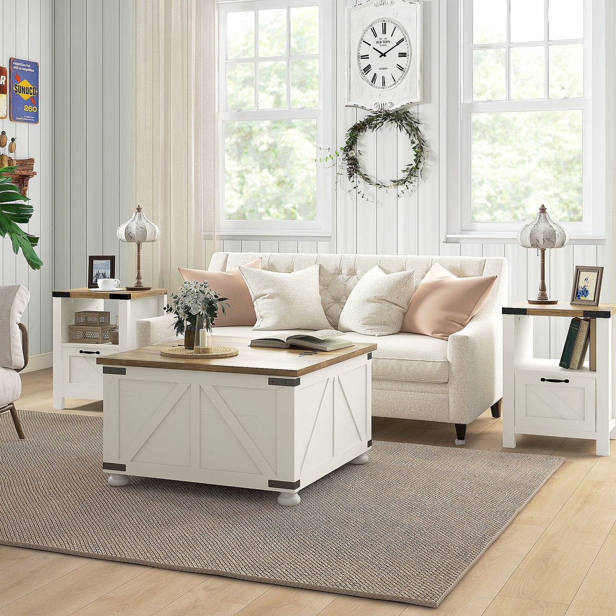 Farmhouse Coffee Table, Square Center Table with Flip-top Lids, Hidden Storage Compartment and Wooden Legs, Oak