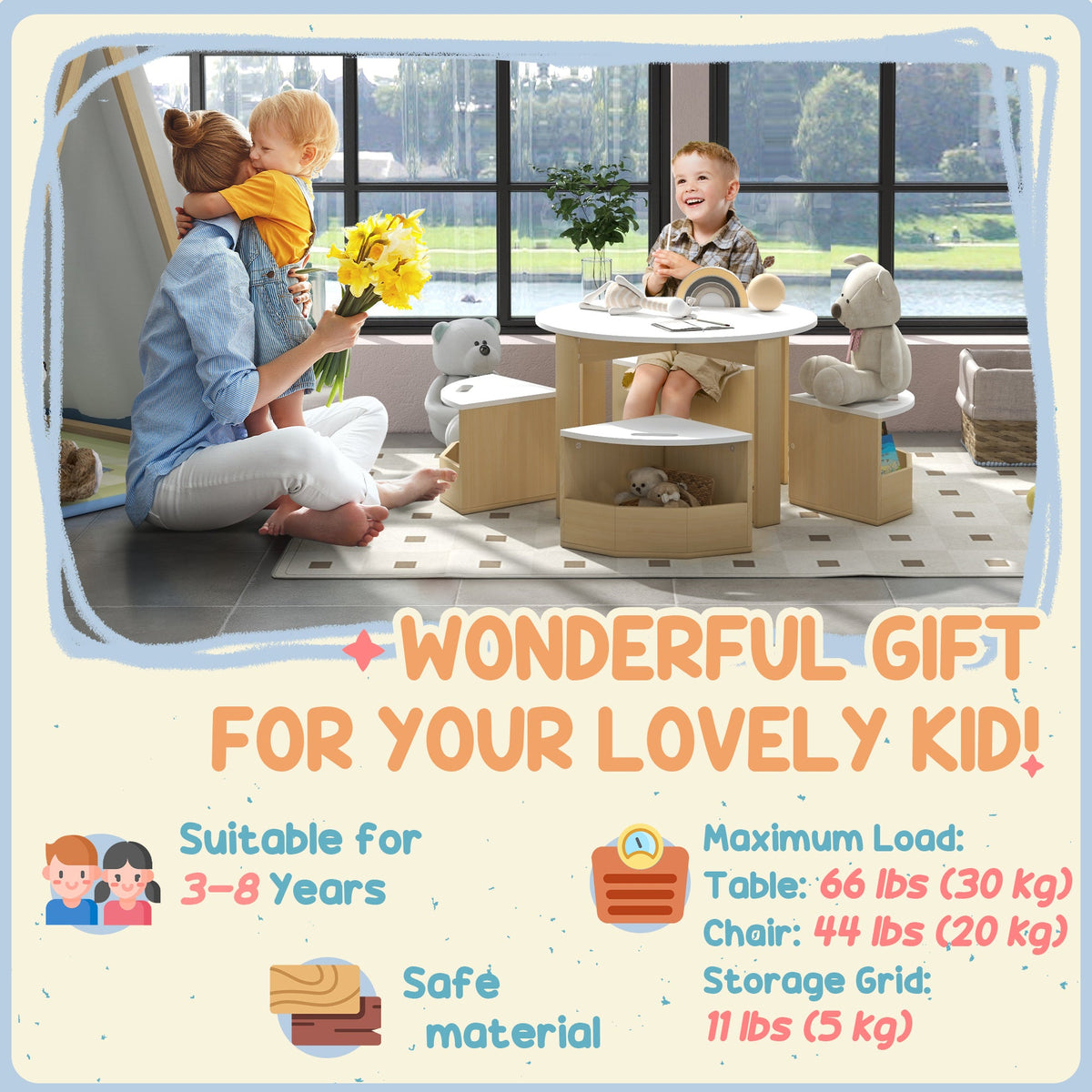 5 Piece Kids Table and Chair Set with Storage for Kids Room, Grey