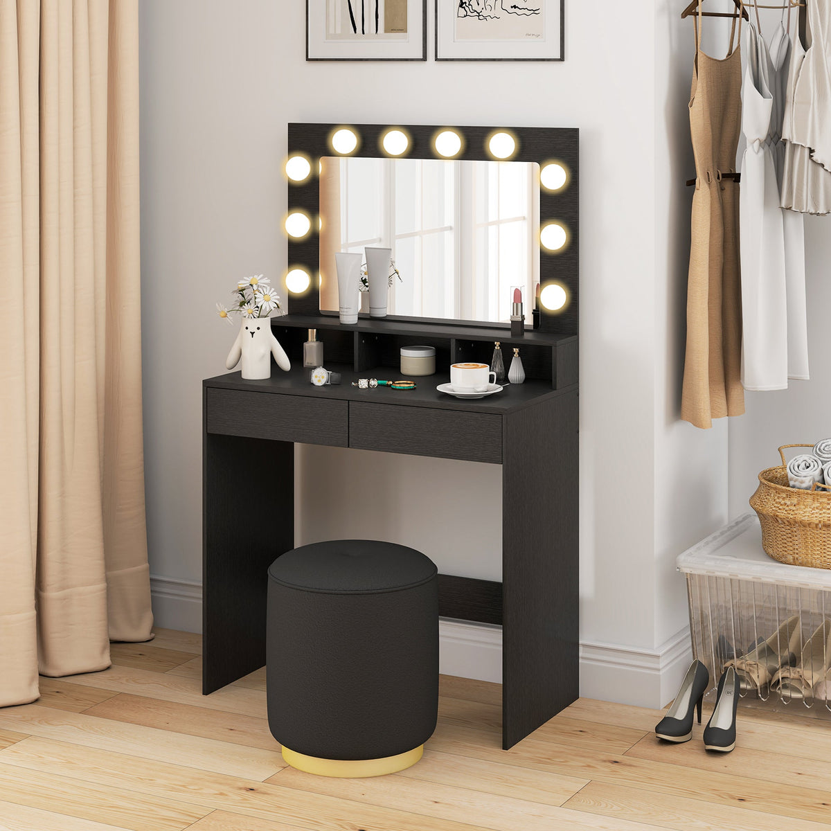 Vanity Table, Makeup Dressing Table with LED Lighting Mirror, Drawers, for Bedroom, Black
