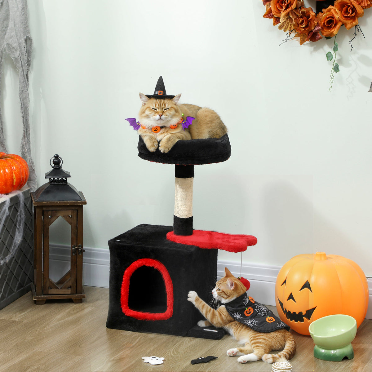 28" Cat Tree Tower with Plush Top Bed, Cozy Condo, Sisal Scratching Post, Perch, Dangling Ball, Beige and Yellow