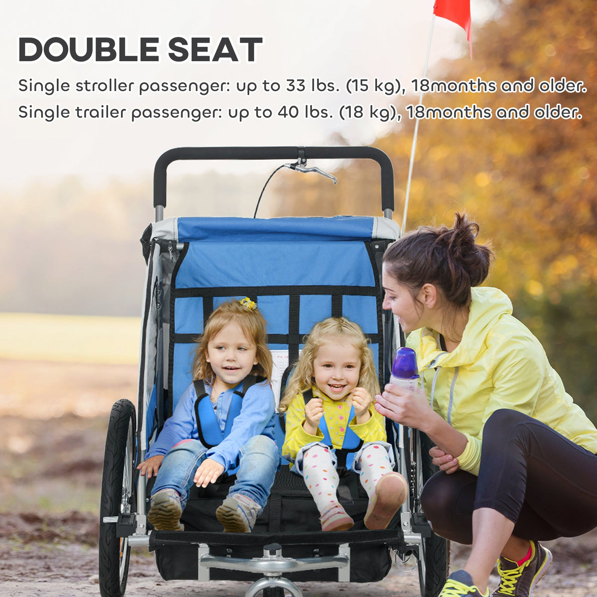 2-in-1 Bike Trailer for Kids, Foldable 2-Seat Baby Stroller with 5-Point Harness, Rubber Wheels, Storage Bag, Black