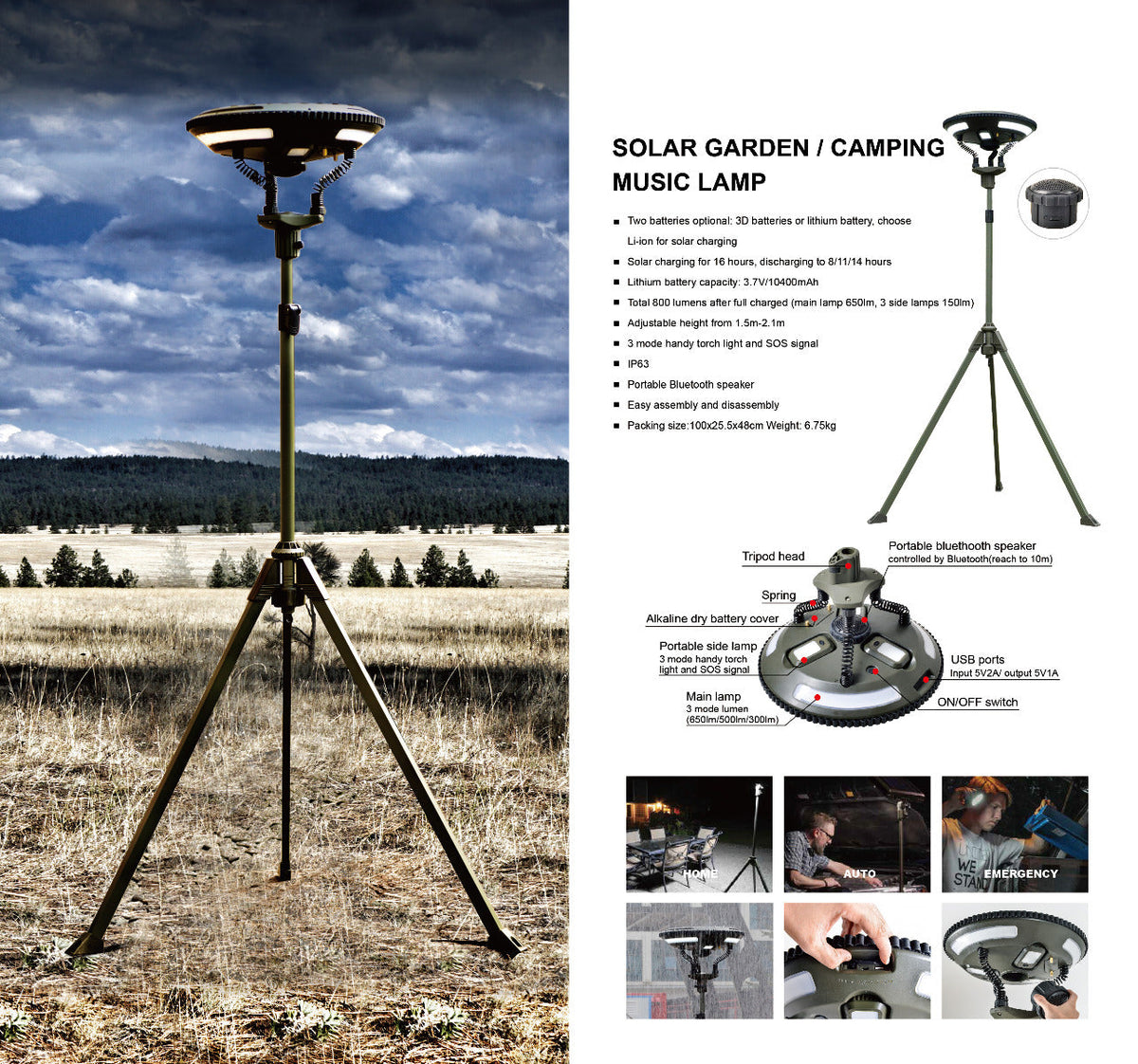 TRU De-LIGHT Singing Music Solar LED Light - Strong BT Speaker/Main Light+3 Detachable Multi Mode Lights/Tripod+Carry Bag