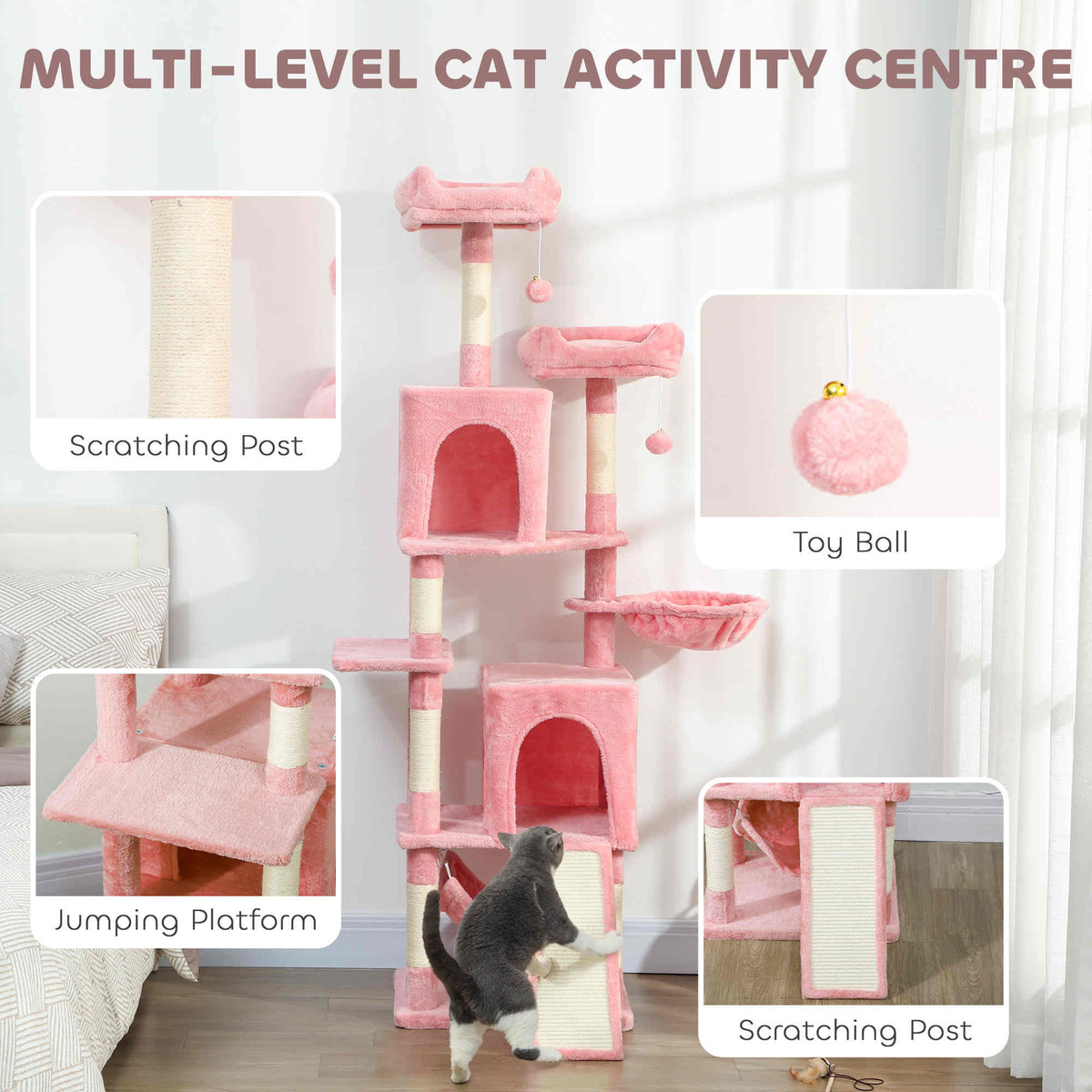 Cat Tree, 70" Multi-Level Cat Tower with 2 Condos, 2 Perches, Hammock, Toy Balls, Scratching Posts and Board, Dark Grey