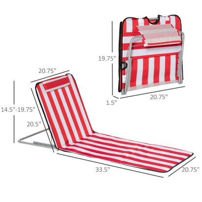 Set of 2 Beach Lounge Chair Sun Lounger, Folding Ground Beach Mat w/ Adjustable Back, Steel Frame, Head Pillow and Carry Bag for Backyard Lakeside, Red and White