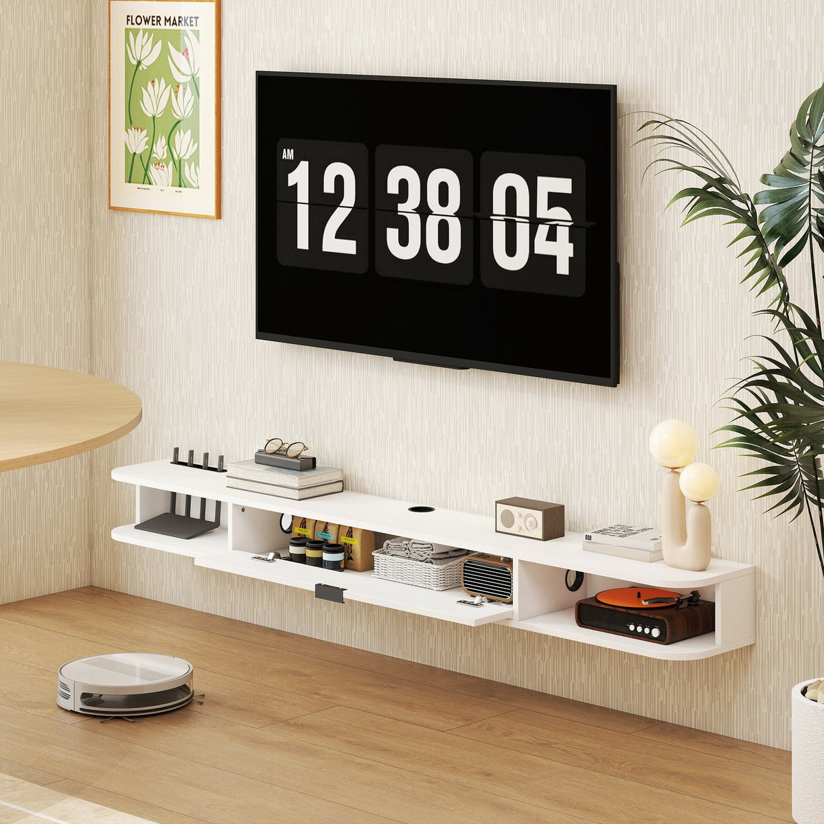 47" Floating TV Stand for TVs up to 50 Inch, Wall Mounted Media Console with Flip Drawer and 2 Open Shelves, Walnut