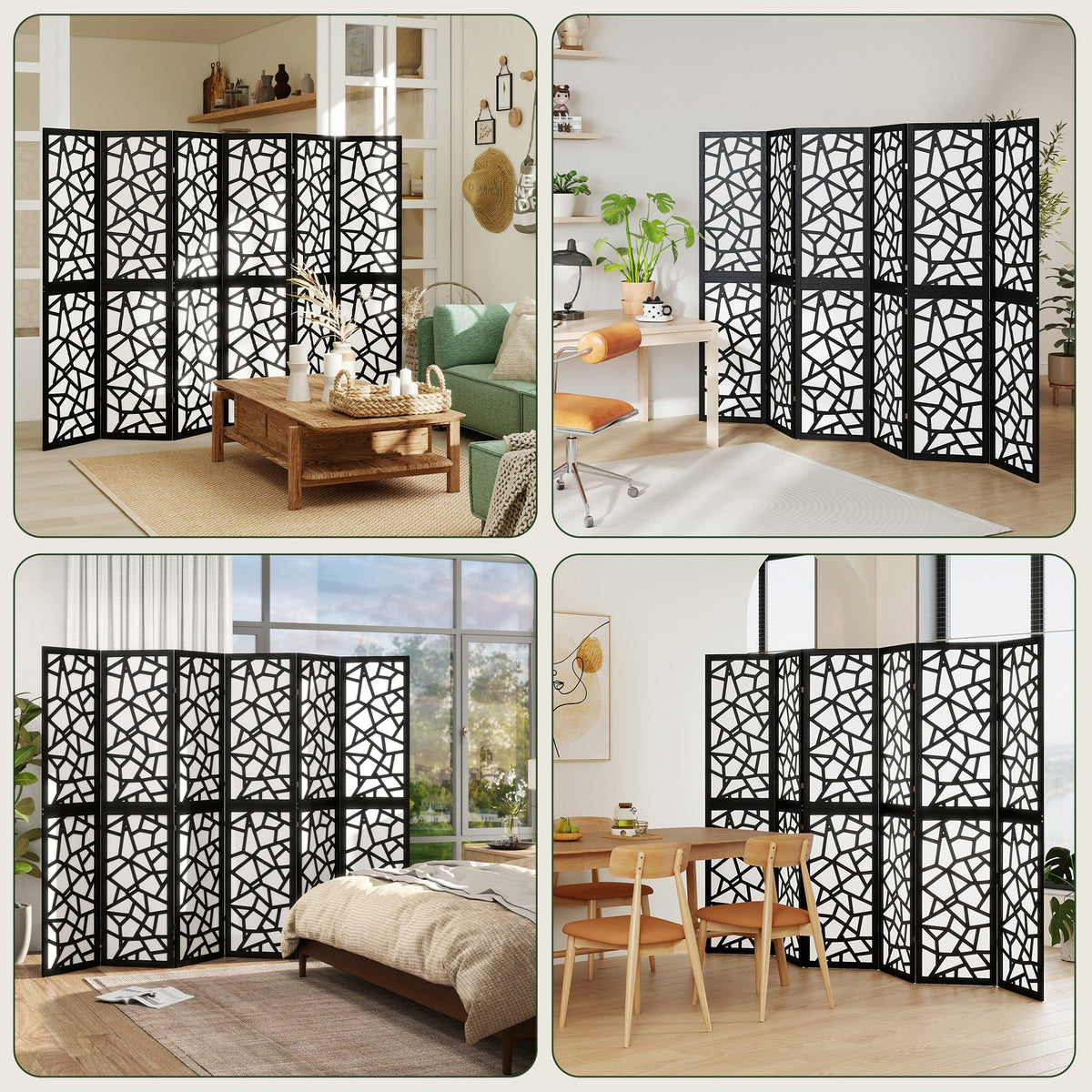 4 Panel Room Divider, 5.6 FT Lightweight Folding Privacy Screen with Geometric Pattern for Living Room, Bedroom, Black