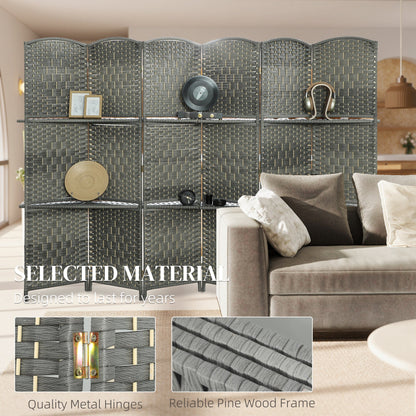 6 FT Privacy Screen, 4 Panel Room Divider with Shelves for Living Room Bedroom Home Office, Grey