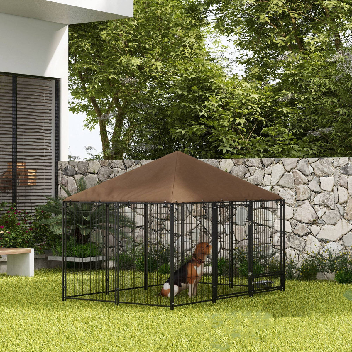 4.6' x 4.6' x 5' Outdoor Dog Kennel with Canopy, Rotating Bowls, Coffee