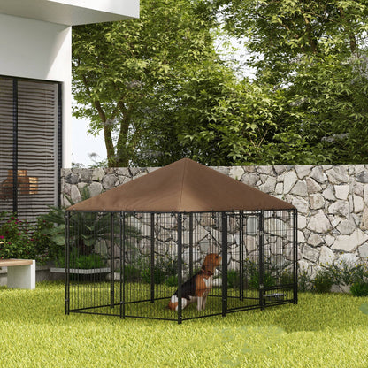 4.6' x 4.6' x 5' Outdoor Dog Kennel with Canopy, Rotating Bowls, Coffee
