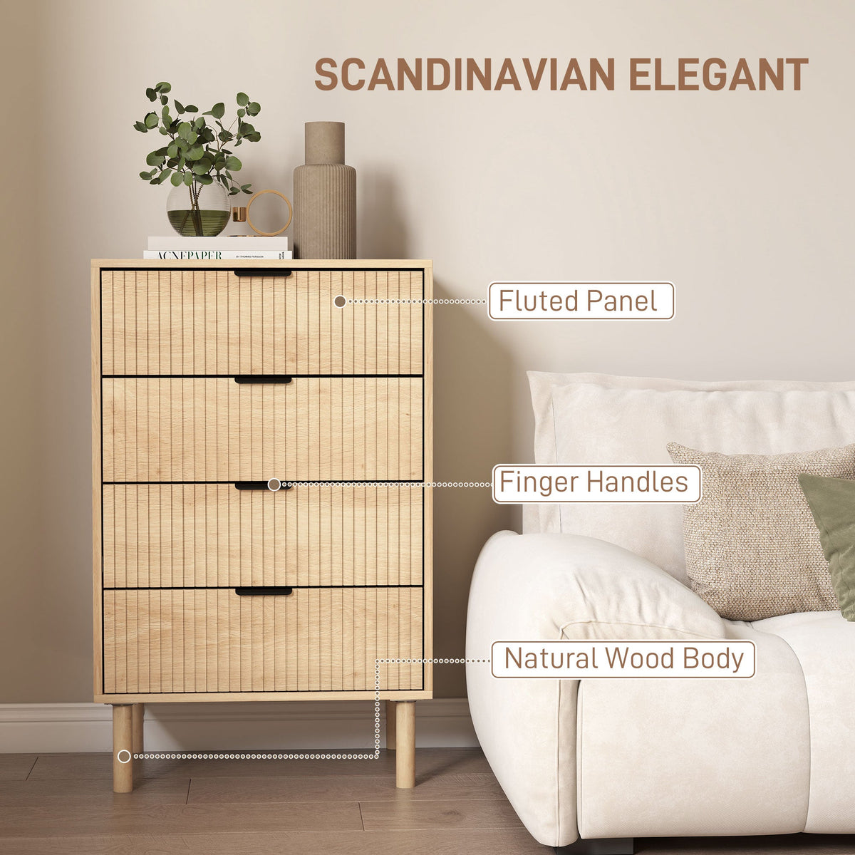 Jesse Chest of Drawers with Fluted Panels and Solid Wood Legs-Oak