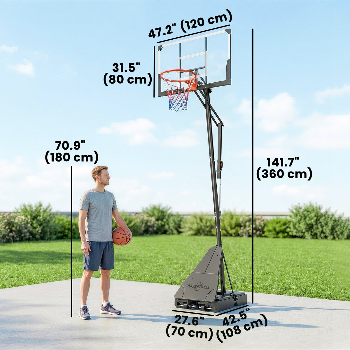 Portable Basketball Hoop Height Adjustable 8-10 Ft with 47" Shatterproof Backboard, Shock Absorbent Rim, Fillable Base