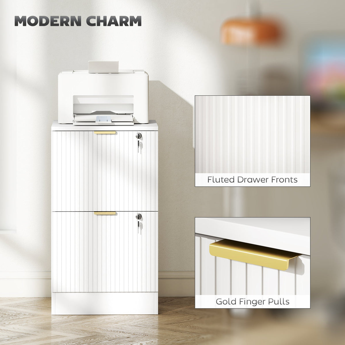 Lockable Filing Cabinet with 2 Fluted Drawers, File Cabinet with Adjustable Hanging Rails for A4 Letter Files, Black