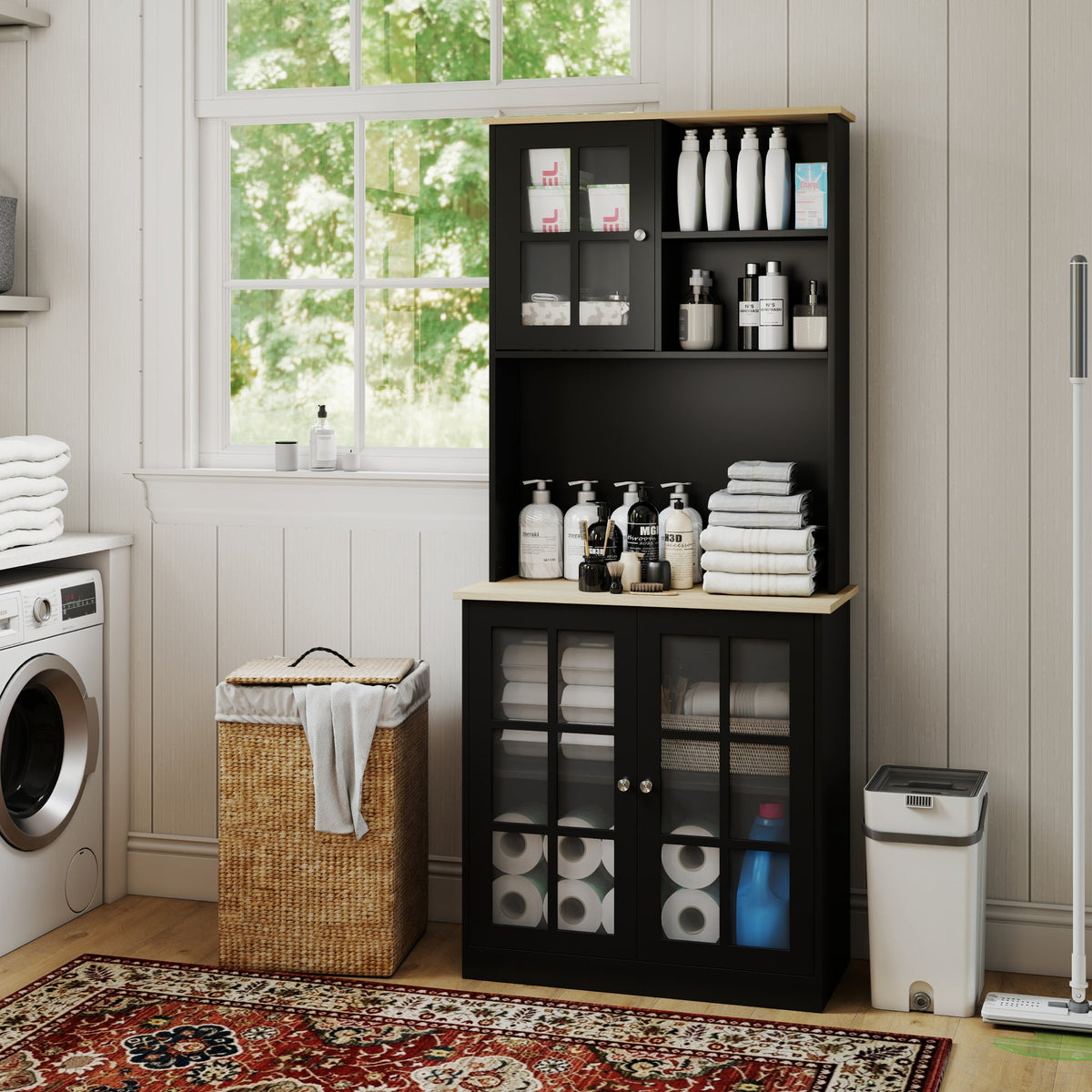 Kitchen Buffet with Hutch, Storage Pantry with 3 Cabinets, 2 Open Shelves and Large Countertop, Black