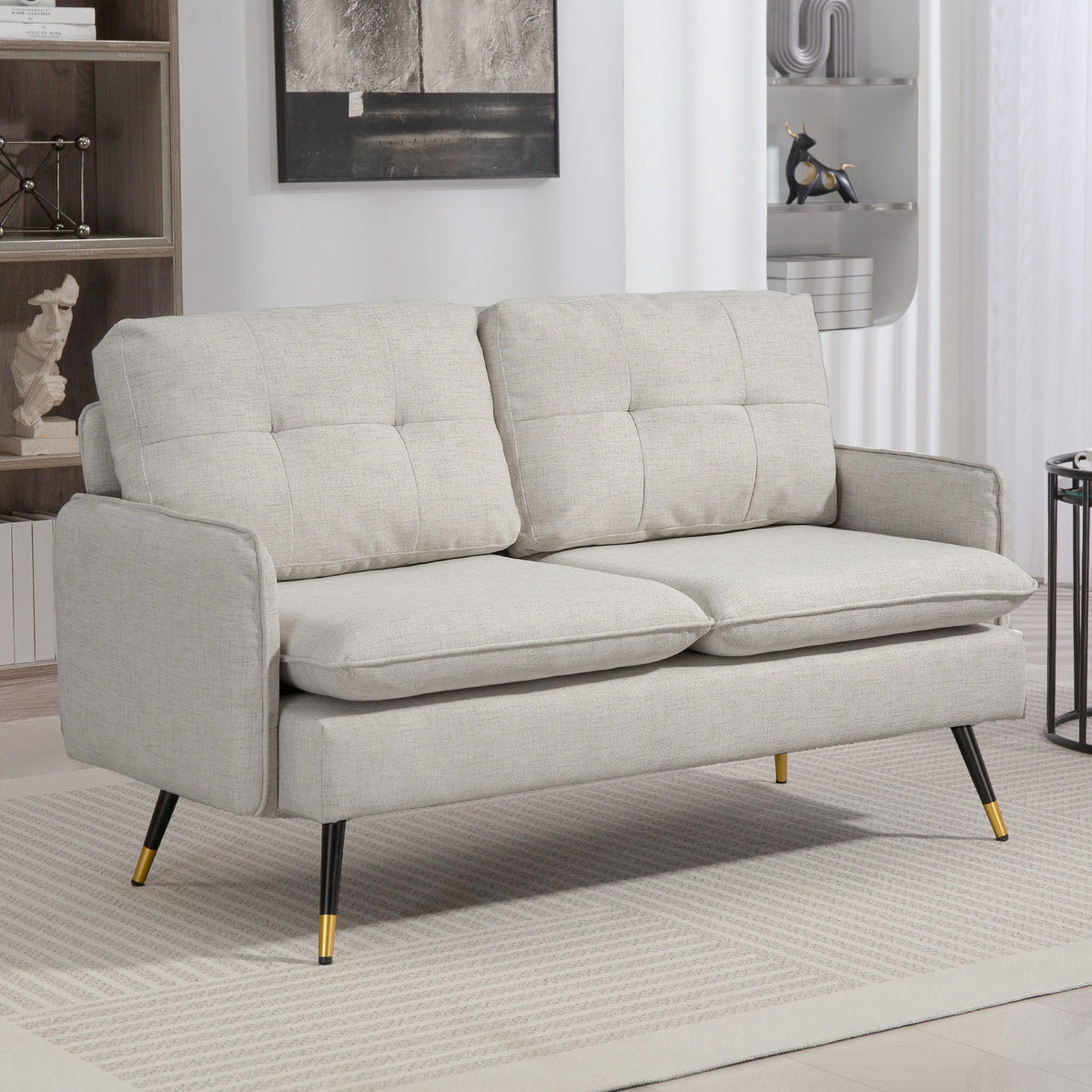 55" Loveseat Sofa, Linen Love Seat w/ S spring, Steel Legs and Button Tufting, Small Couch for Living Room, Dark Grey