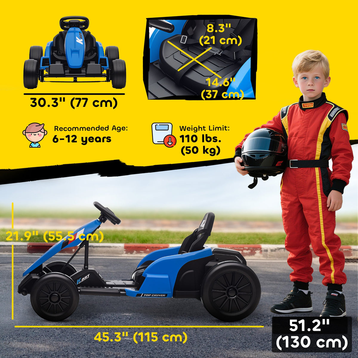 24V Electric Go Kart with Dual 150W Motors, Adjustable Seat & 11.2MPH High Speed, Slow Start, 5-Point Harness, Blue