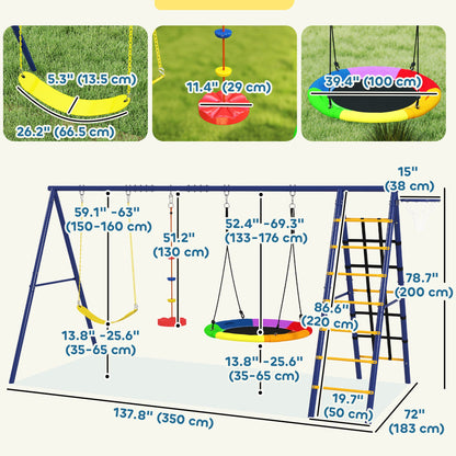 6 in 1 Kids Swing Set with 1 Saucer Swing, 1 Belt Swing, 1 Disc Rope Swing, Climbing Ladder and Net, Basketball Hoop