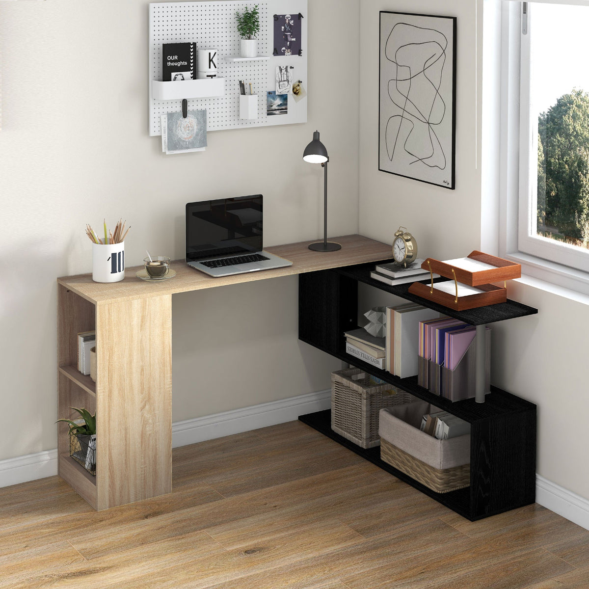 55" Corner Computer Desk, 360° Rotating L-Shaped Desk, Home Office Workstation with 3-Tier Shelves, Bookshelf, Black