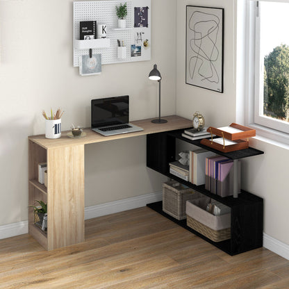 55" Corner Computer Desk, 360° Rotating L-Shaped Desk, Home Office Workstation with 3-Tier Shelves, Bookshelf, Black