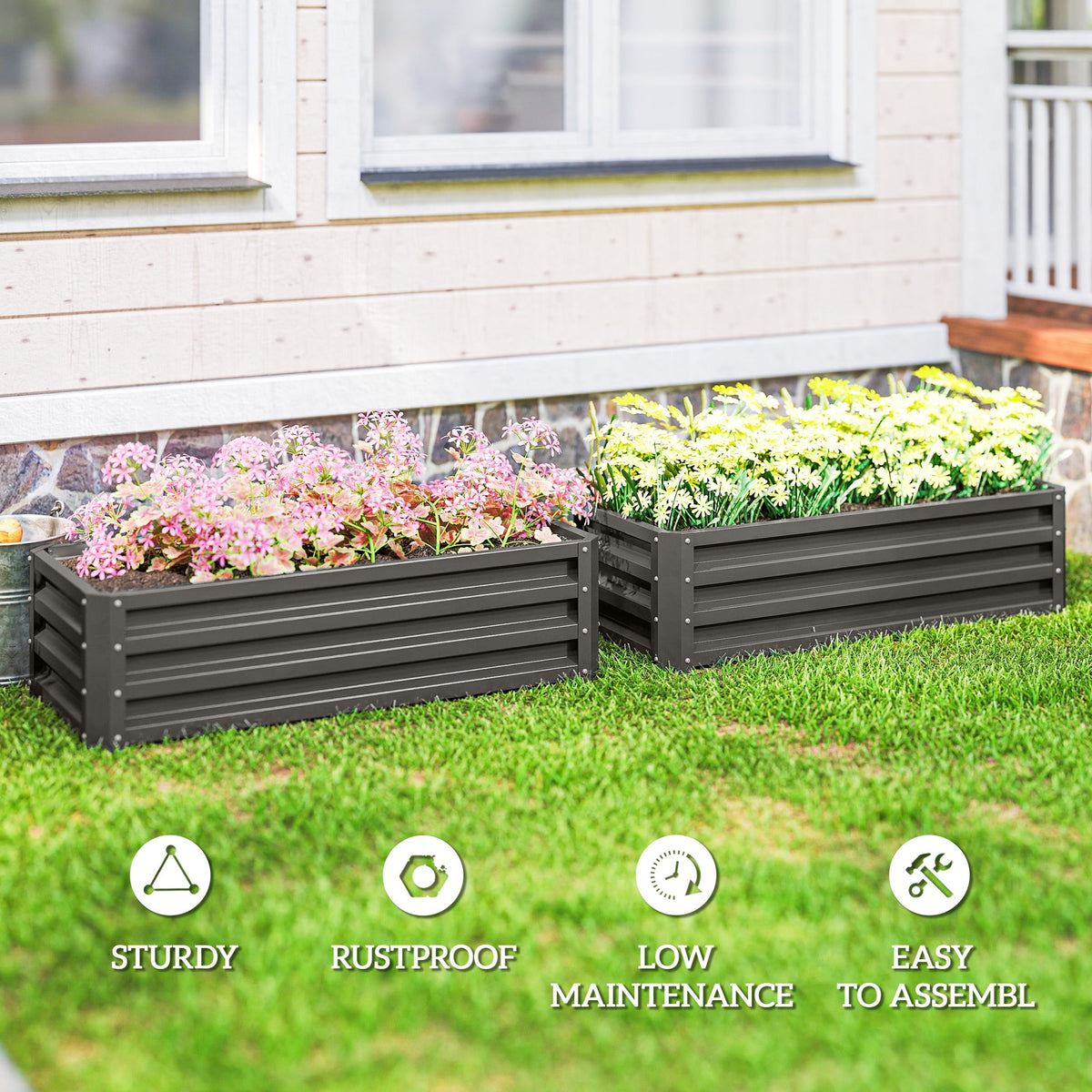 Galvanized Raised Garden Beds, Outdoor Planter Box, Set of 2, for Flowers, Herbs and Vegetables, Black