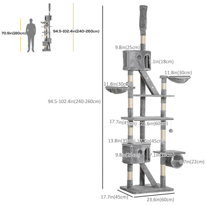 94"-102" Huge Cat Tree Ceiling High Cat Condo Scratching Post Activity Center Multi-Level Play House Light Grey