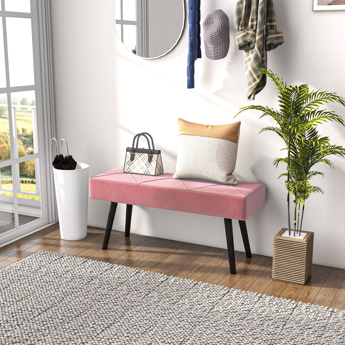 39 Inches Upholstered Bedroom Bench, Modern End of Bed Bench with Steel Legs, Cream White